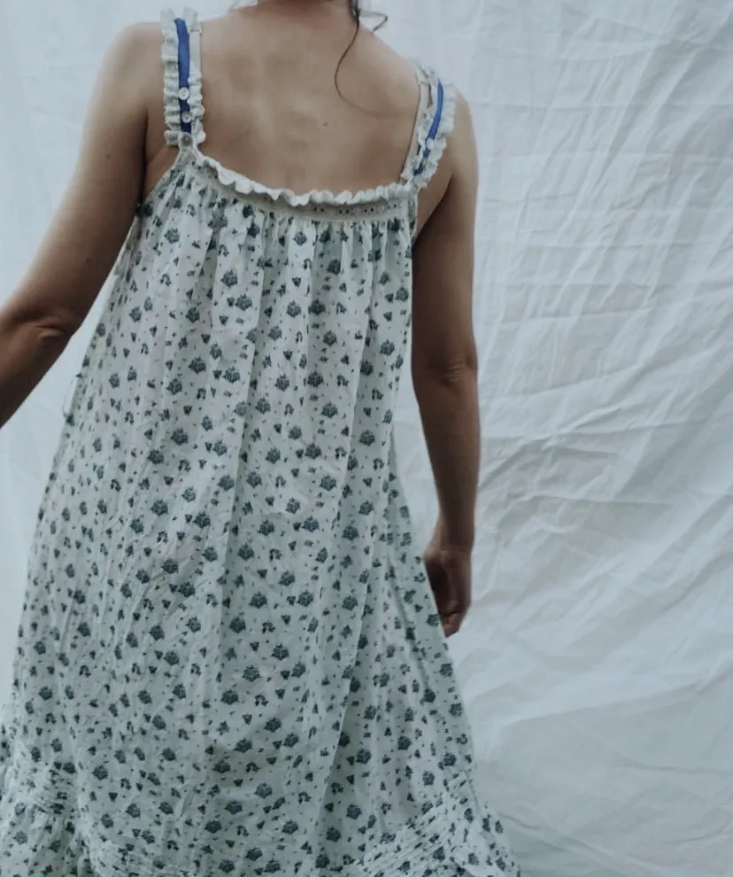 100% RECYCLED COTTON - NIGHTINGALE HAND SMOCKED MIDI DRESS BLUE ROSE FLORAL