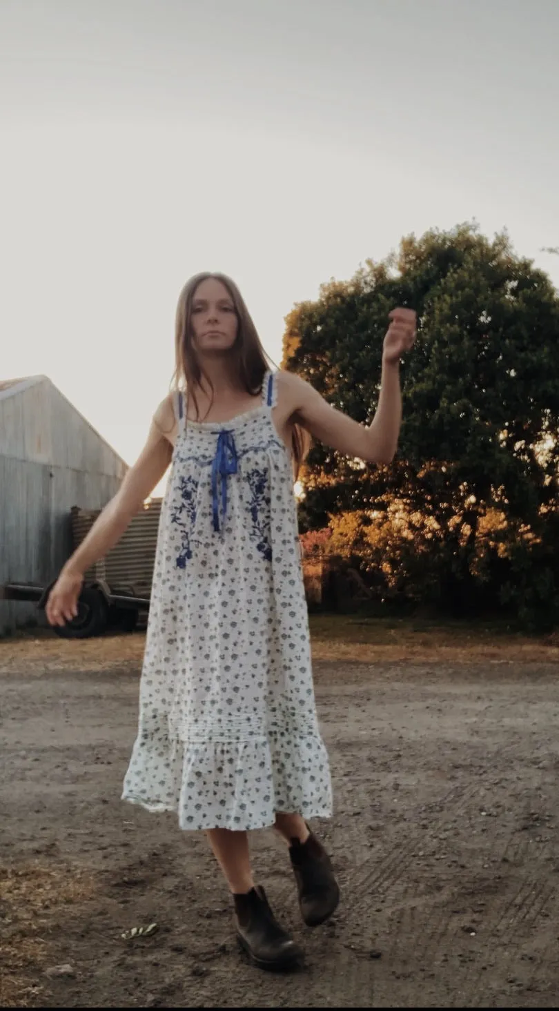 100% RECYCLED COTTON - NIGHTINGALE HAND SMOCKED MIDI DRESS BLUE ROSE FLORAL