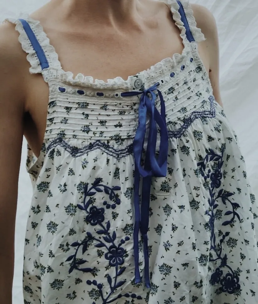100% RECYCLED COTTON - NIGHTINGALE HAND SMOCKED MIDI DRESS BLUE ROSE FLORAL