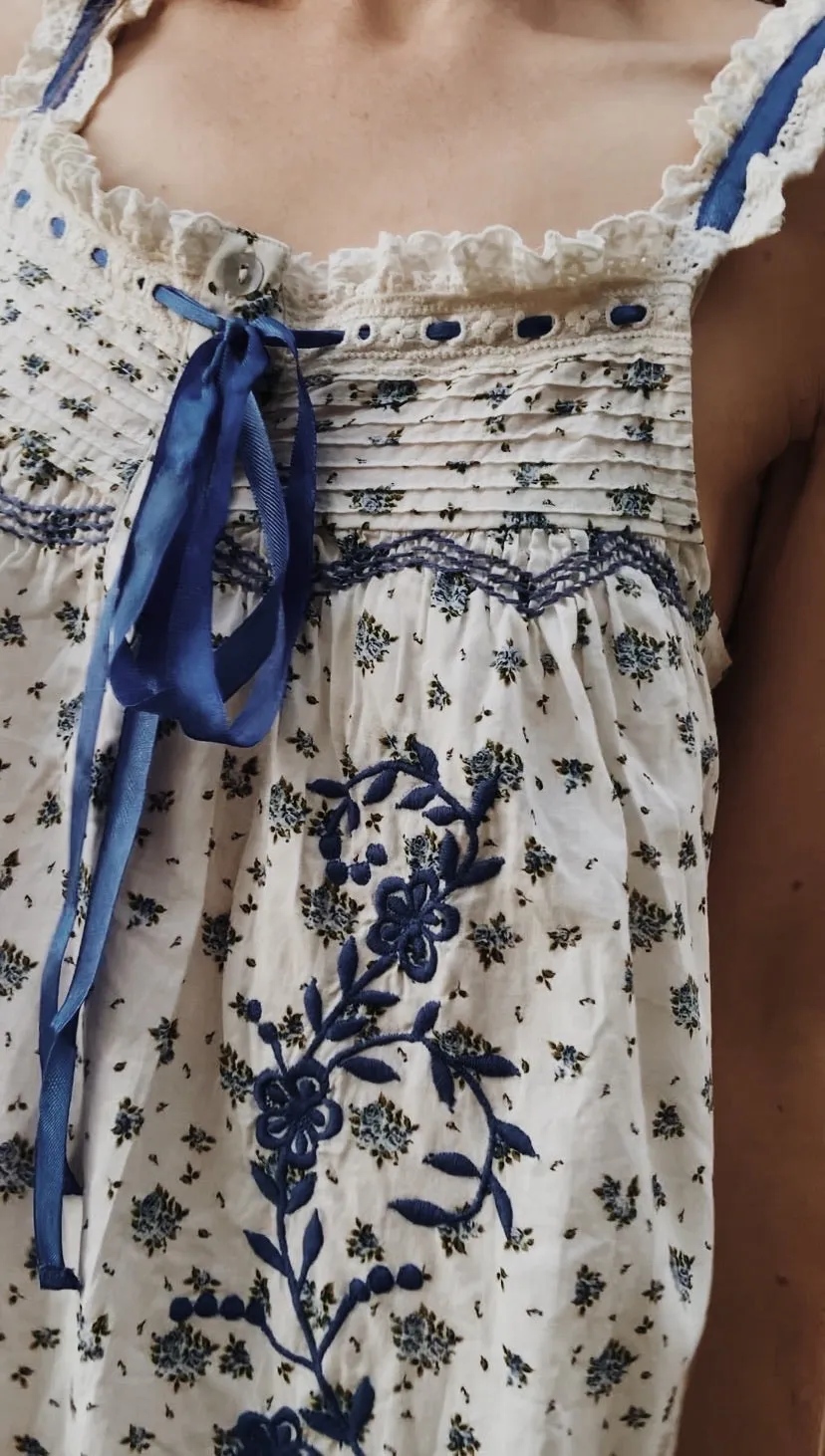 100% RECYCLED COTTON - NIGHTINGALE HAND SMOCKED MIDI DRESS BLUE ROSE FLORAL