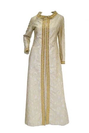 1960s Couture Metallic Gold Brocade Maxi Dress with Sequin and Pearl Bead Detail