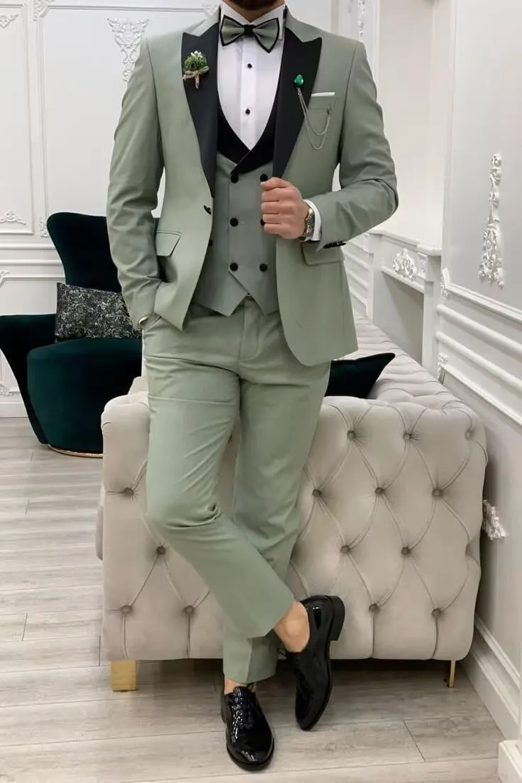 3 Piece Mens Tuxedo Suit Set Double Breasted Suit Men Slim Fit Tuxedo Suits with Bow for Groom Wedding Prom