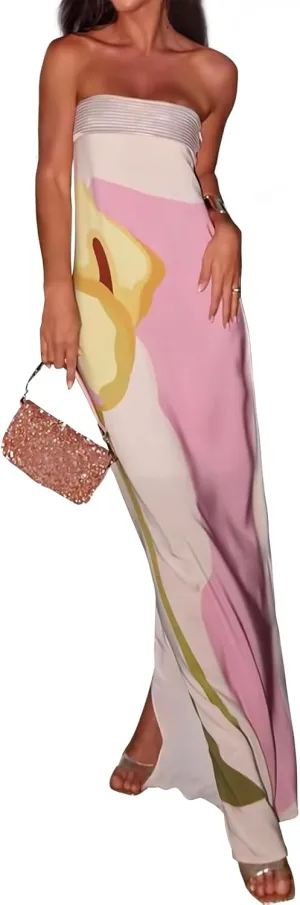 ACOSAP Women Y2k Strapless Maxi Dress Summer Backless Floral Long Tube Dress Off Shoulder Cocktail Party Dress