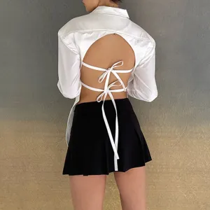 Backless White Shirt For Women Lapel Long Sleeve Straight Solid Button Through Blouse Female Fashion Clothing