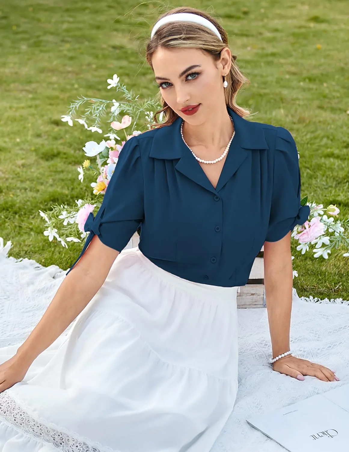 Bello Poque Women Vintage Blouse 1950s Retrt Button Up V Neck Short Bow Sleeves Blouse Shirts