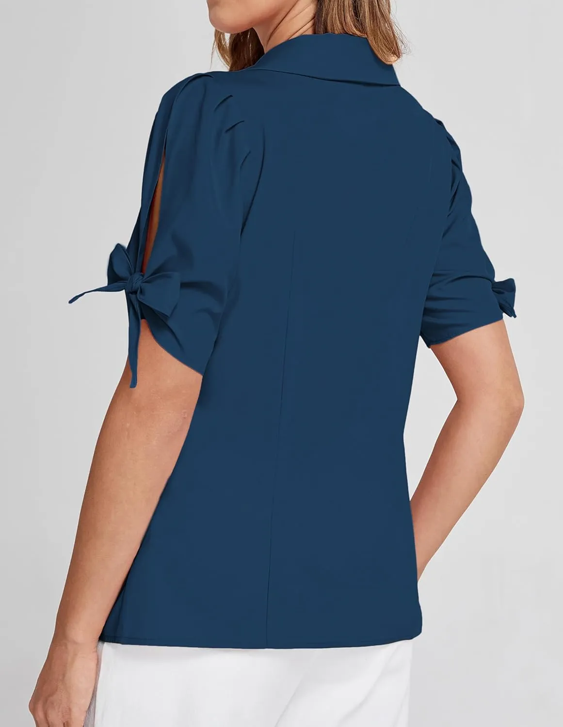 Bello Poque Women Vintage Blouse 1950s Retrt Button Up V Neck Short Bow Sleeves Blouse Shirts