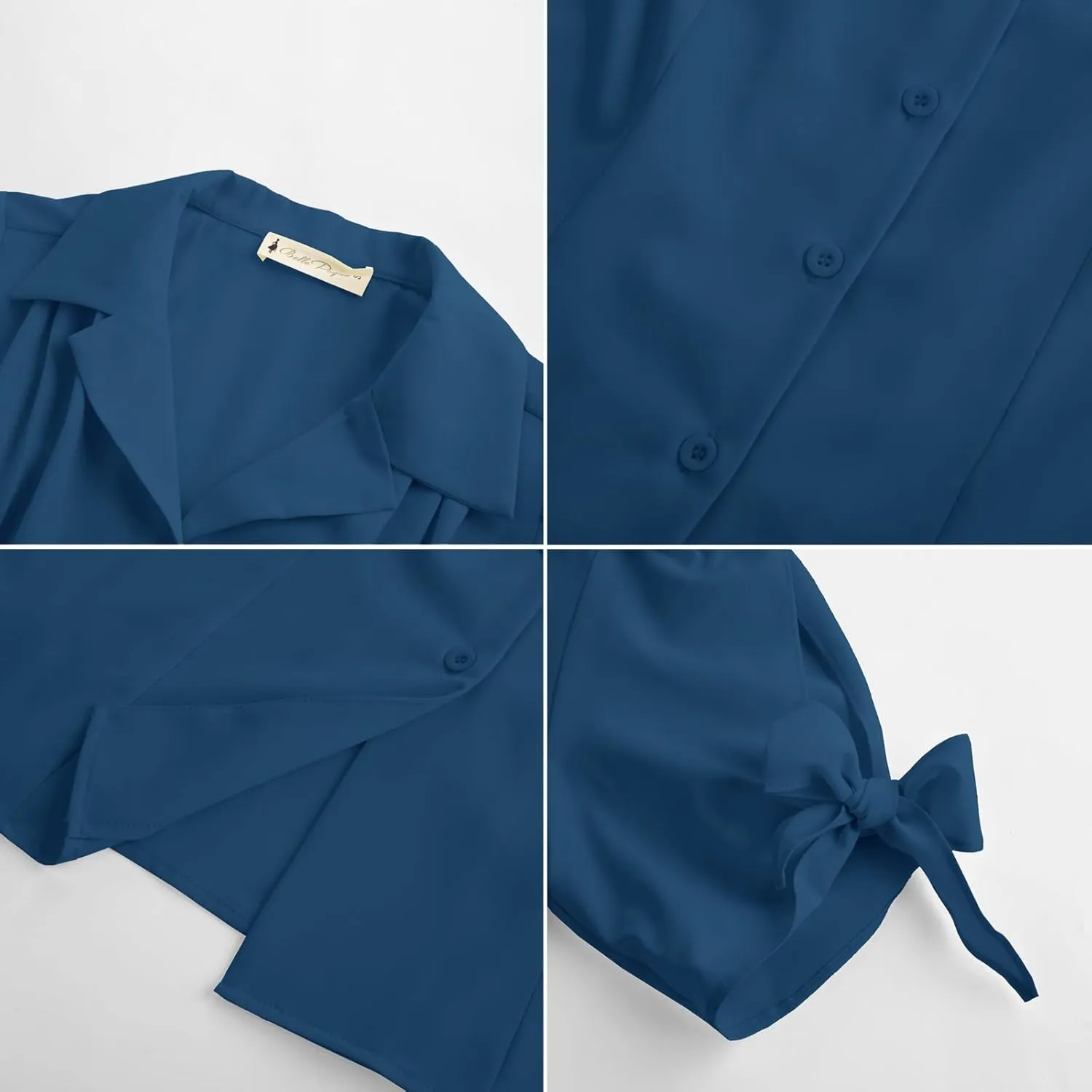 Bello Poque Women Vintage Blouse 1950s Retrt Button Up V Neck Short Bow Sleeves Blouse Shirts