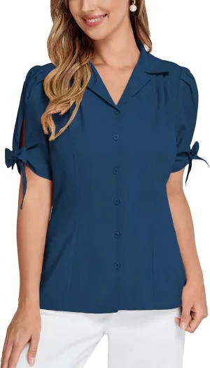 Bello Poque Women Vintage Blouse 1950s Retrt Button Up V Neck Short Bow Sleeves Blouse Shirts