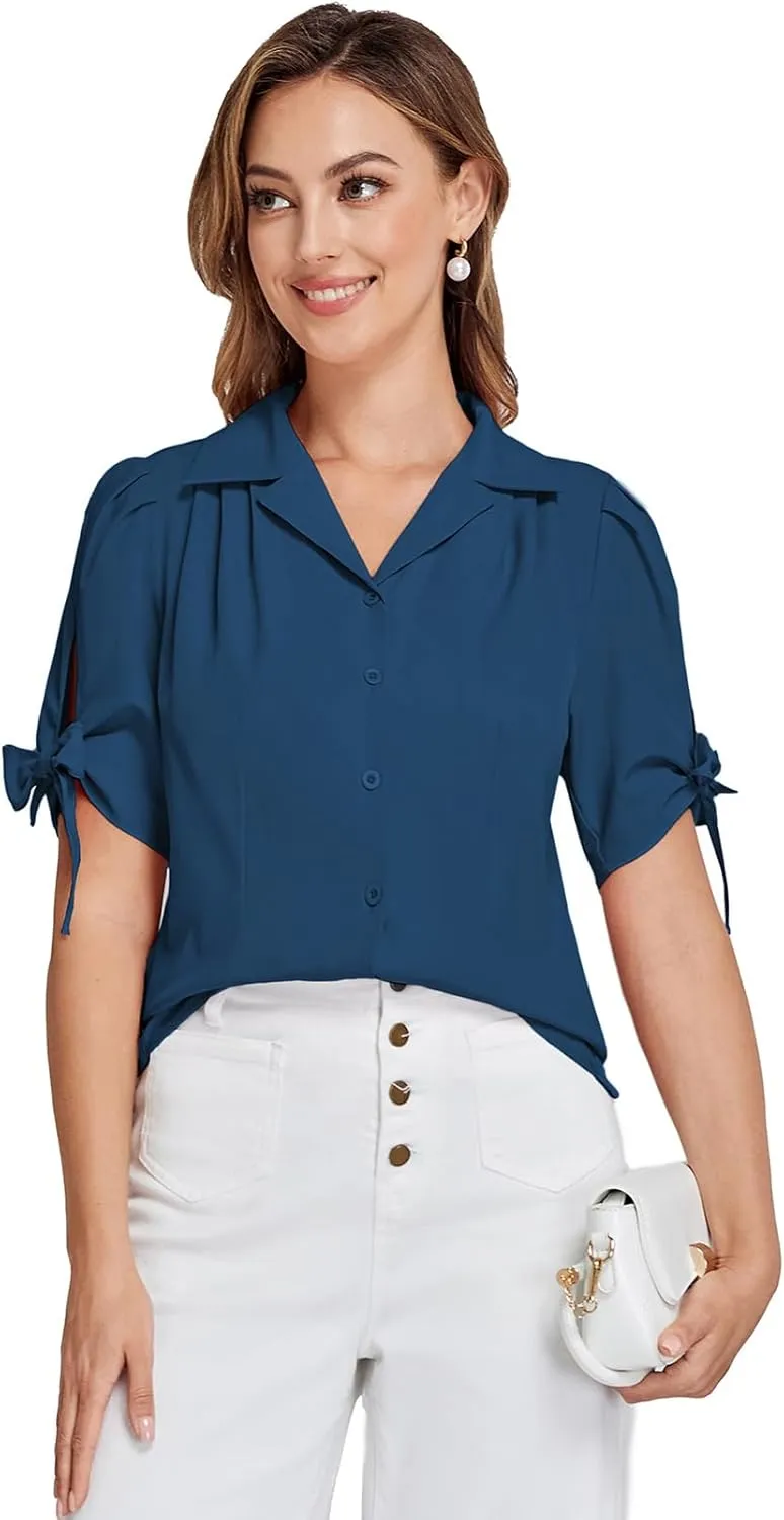 Bello Poque Women Vintage Blouse 1950s Retrt Button Up V Neck Short Bow Sleeves Blouse Shirts