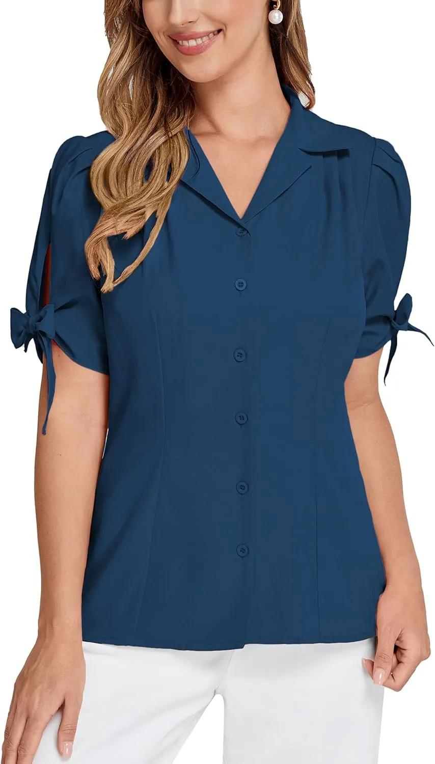 Bello Poque Women Vintage Blouse 1950s Retrt Button Up V Neck Short Bow Sleeves Blouse Shirts