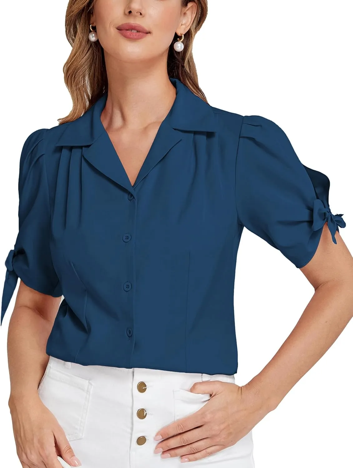 Bello Poque Women Vintage Blouse 1950s Retrt Button Up V Neck Short Bow Sleeves Blouse Shirts