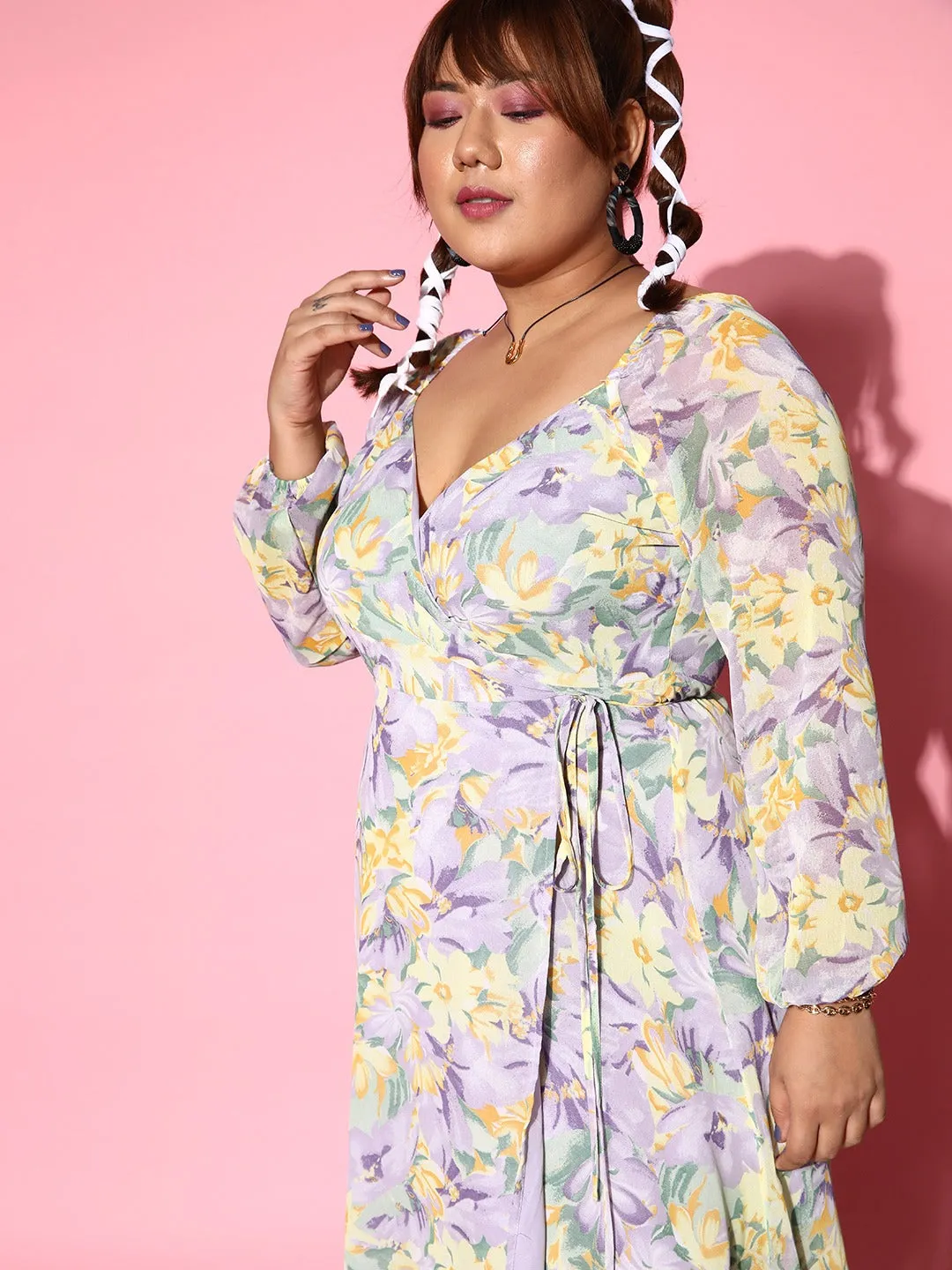 Berrylush Women Plus Size Lavender & Yellow Floral Printed V-Neck Waist Tie-Up Thigh-High Slit Flared Maxi Dress