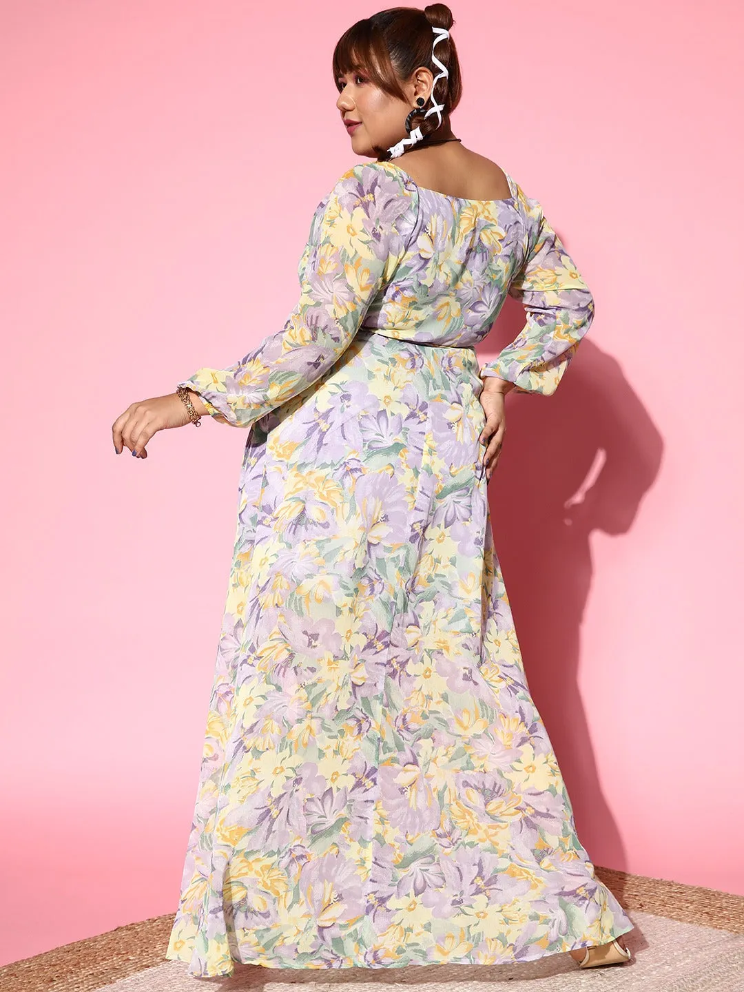 Berrylush Women Plus Size Lavender & Yellow Floral Printed V-Neck Waist Tie-Up Thigh-High Slit Flared Maxi Dress