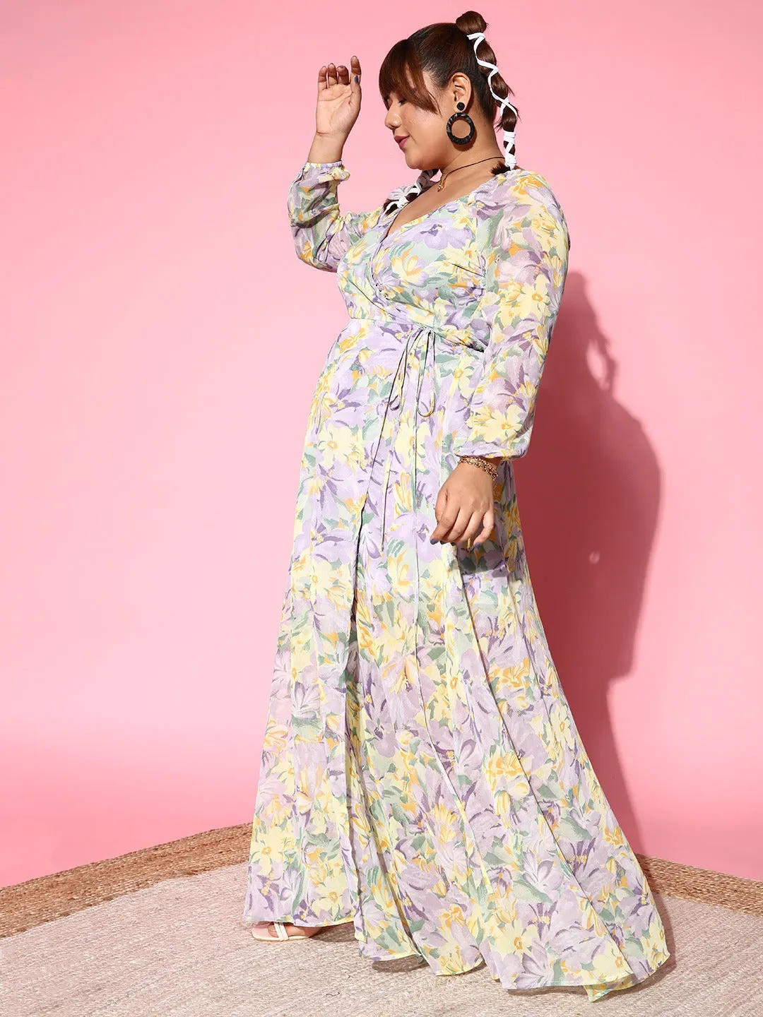 Berrylush Women Plus Size Lavender & Yellow Floral Printed V-Neck Waist Tie-Up Thigh-High Slit Flared Maxi Dress