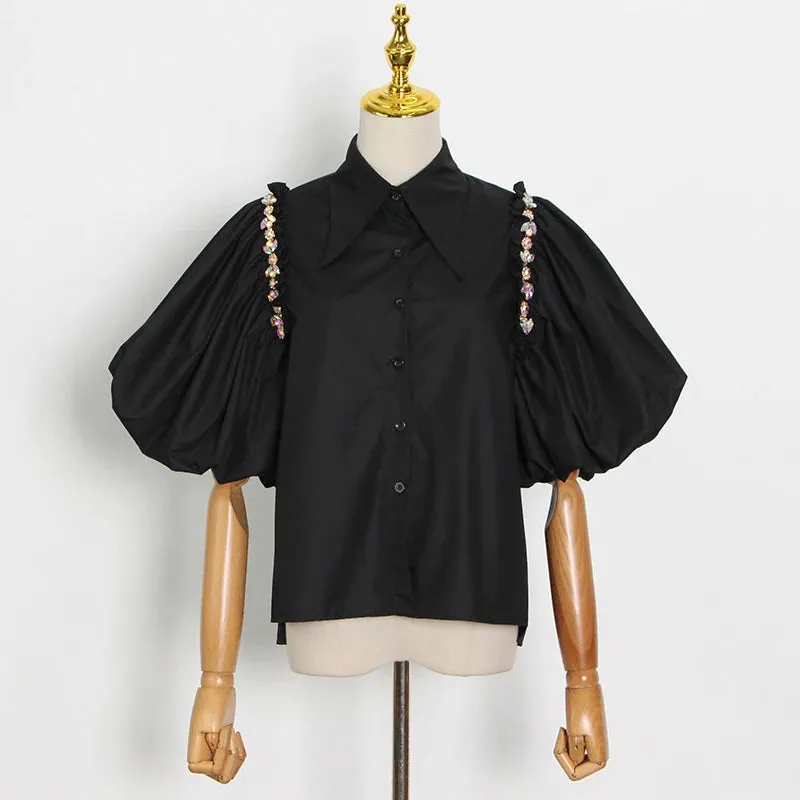 Black Casual Shirt For Women Lapel Lantern Half Sleeve Patchwork Diamonds Designer Straight Blouse Female