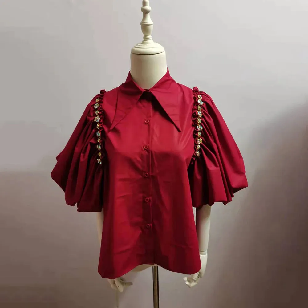 Black Casual Shirt For Women Lapel Lantern Half Sleeve Patchwork Diamonds Designer Straight Blouse Female