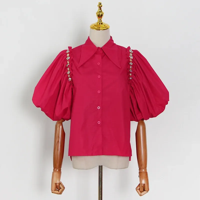Black Casual Shirt For Women Lapel Lantern Half Sleeve Patchwork Diamonds Designer Straight Blouse Female