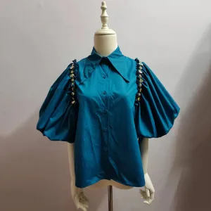 Black Casual Shirt For Women Lapel Lantern Half Sleeve Patchwork Diamonds Designer Straight Blouse Female