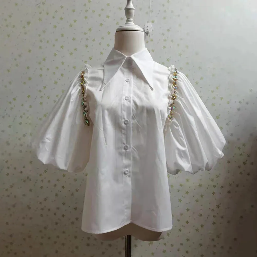 Black Casual Shirt For Women Lapel Lantern Half Sleeve Patchwork Diamonds Designer Straight Blouse Female