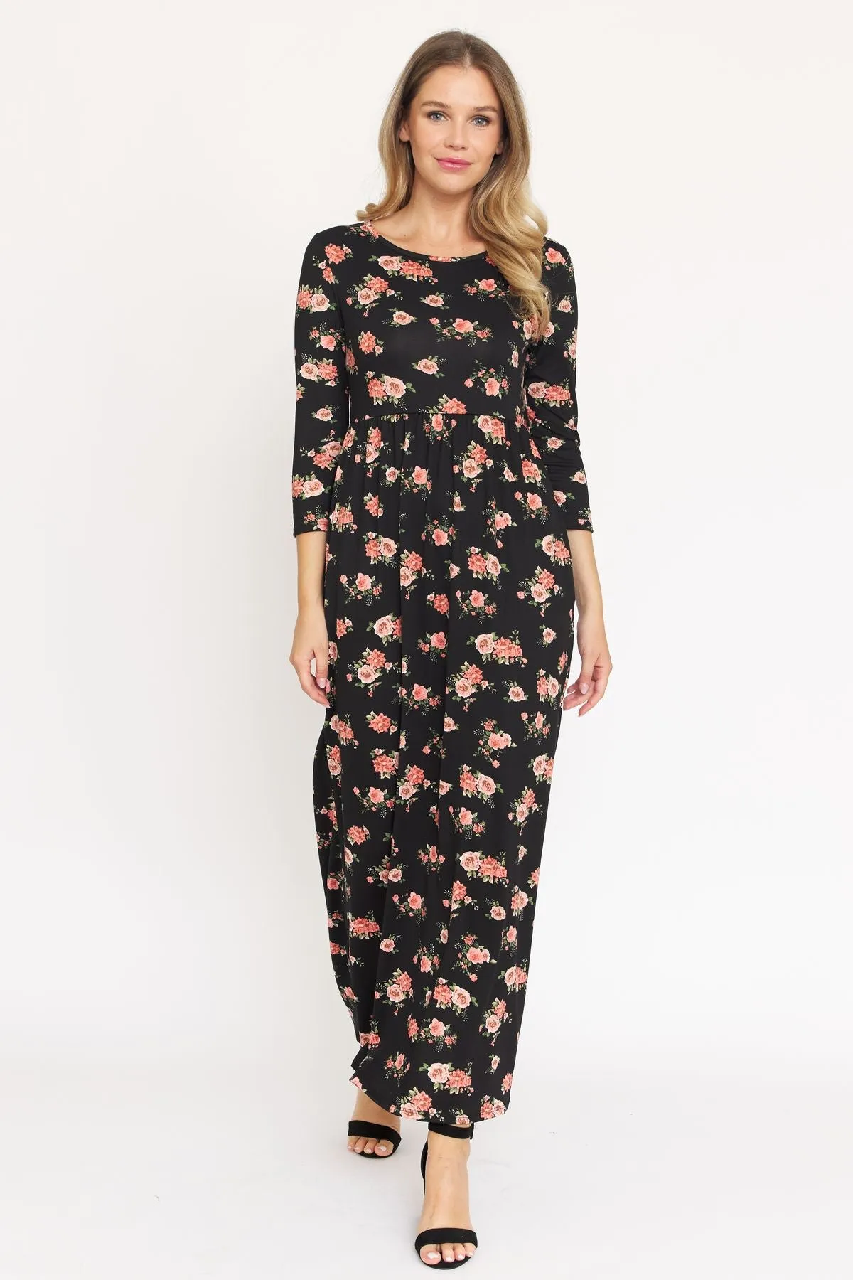 Black Floral 3/4 Sleeve Maxi Dress 1572
