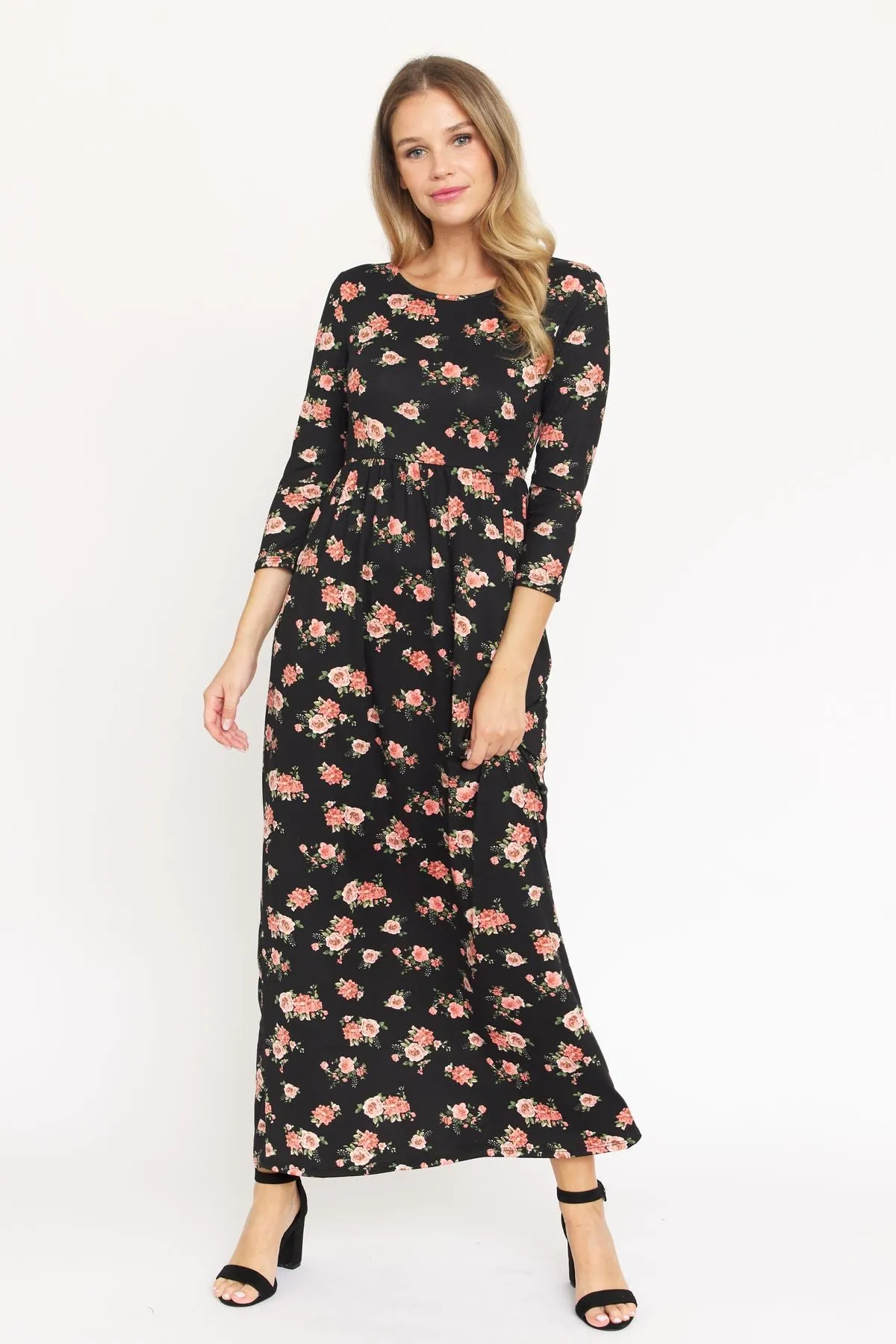 Black Floral 3/4 Sleeve Maxi Dress 1572