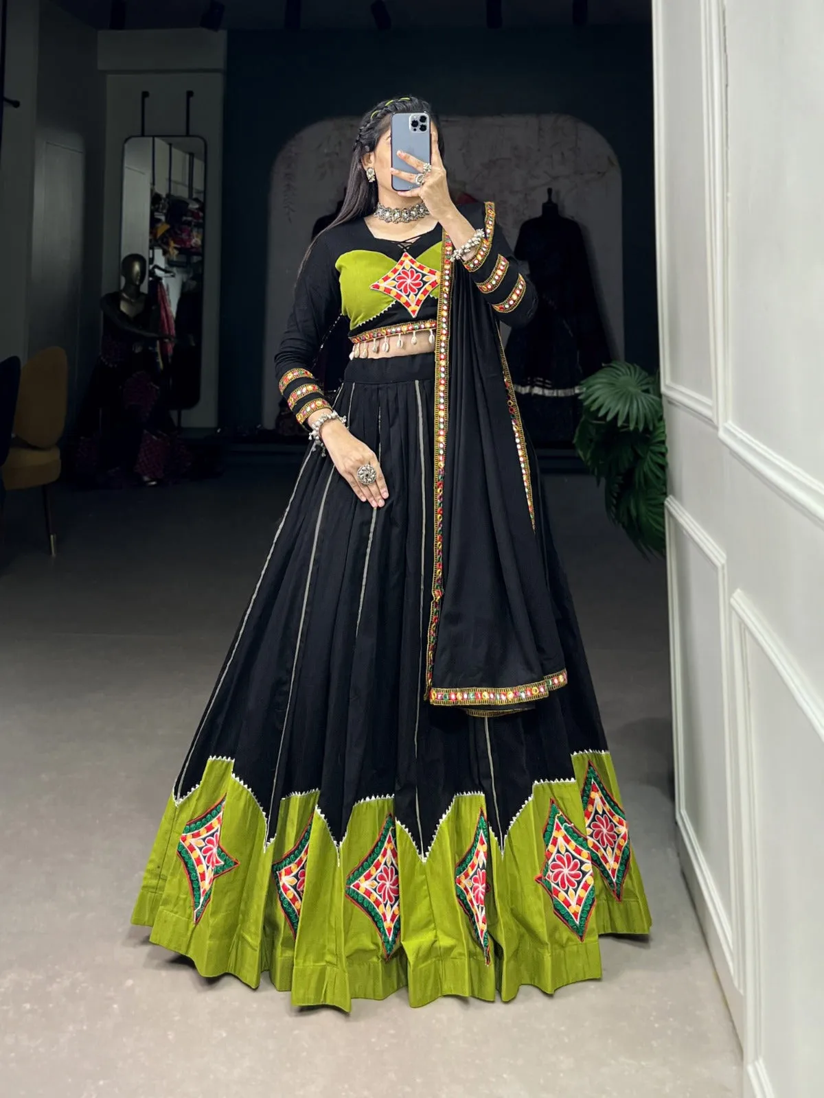 Black Lehenga Set with Gamthi Patchwork and Gota Patti