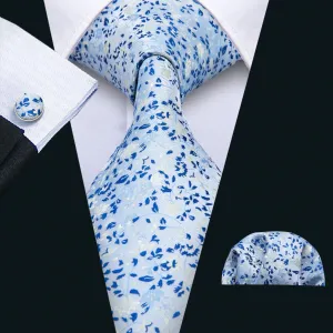 Blue Leaves Tie Pocket Square Cufflinks Set