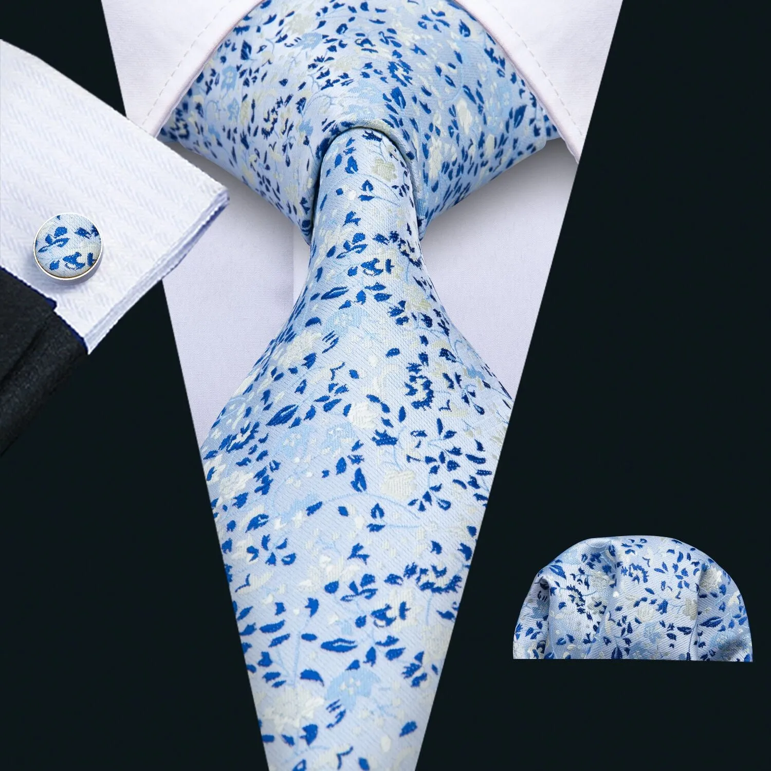 Blue Leaves Tie Pocket Square Cufflinks Set
