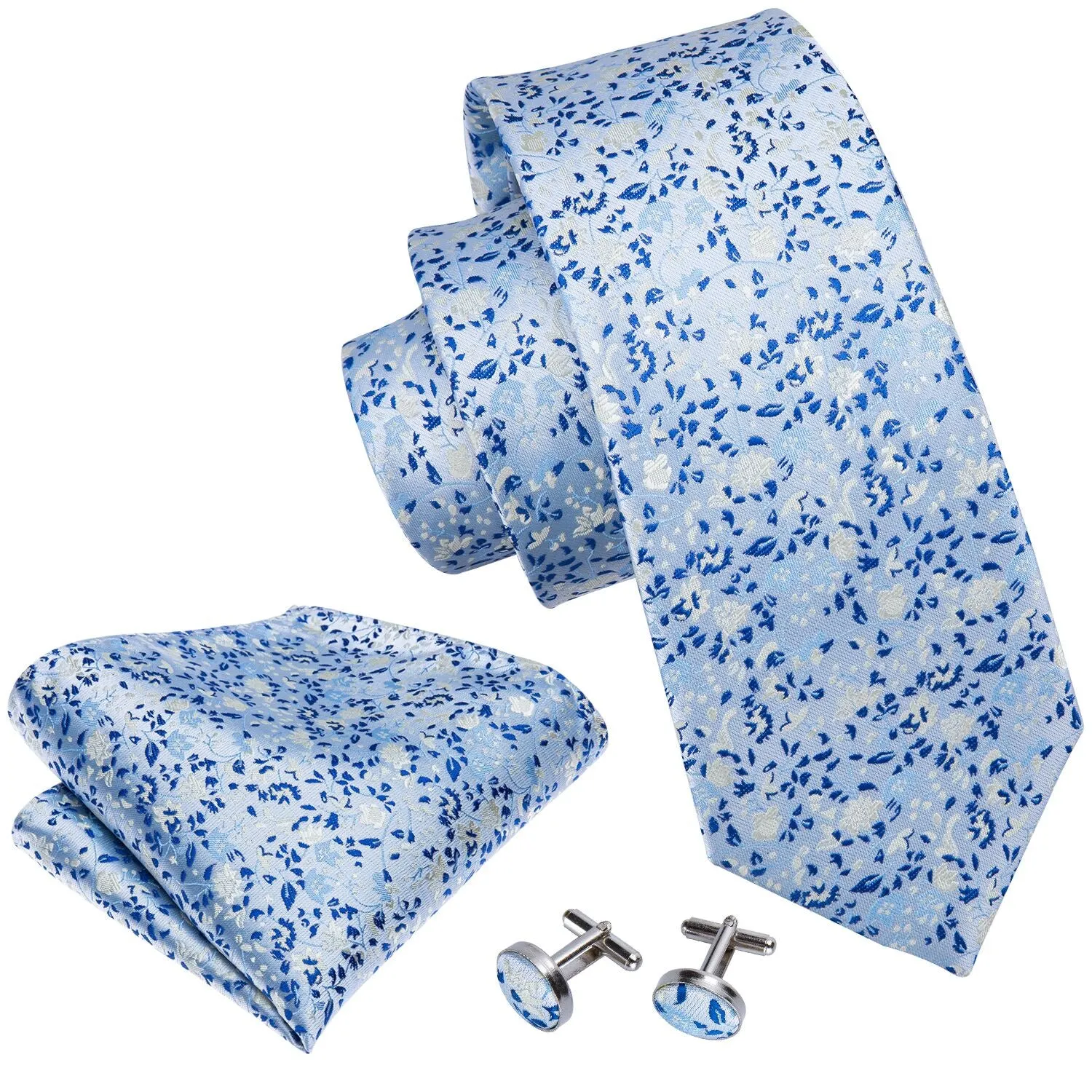 Blue Leaves Tie Pocket Square Cufflinks Set