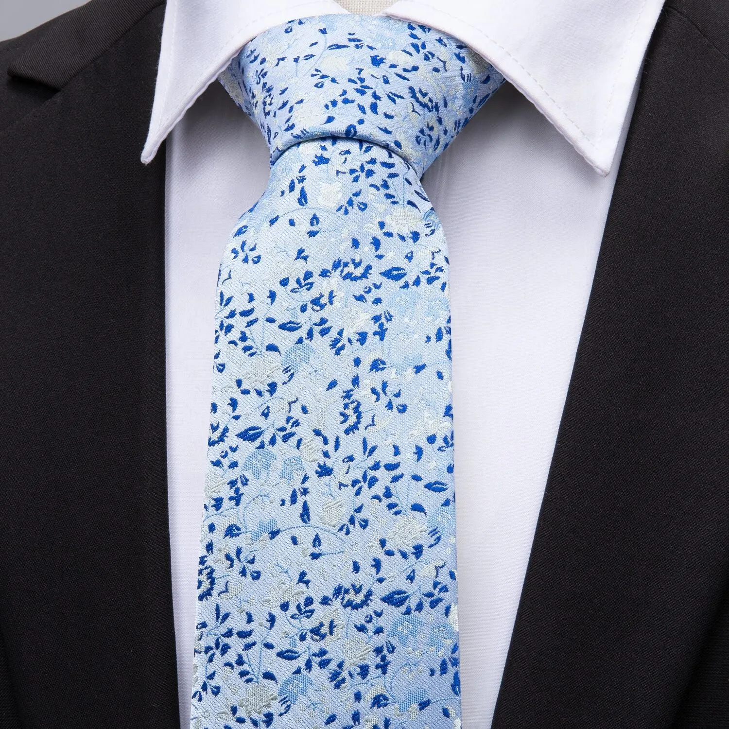 Blue Leaves Tie Pocket Square Cufflinks Set