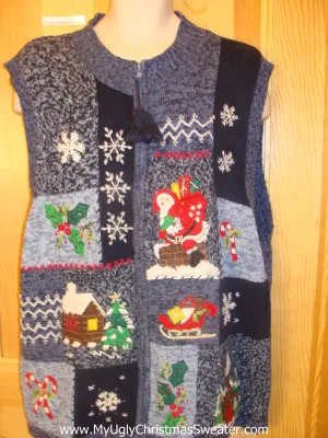 Blue Patchwork Gem Funny Christmas Sweater Vest