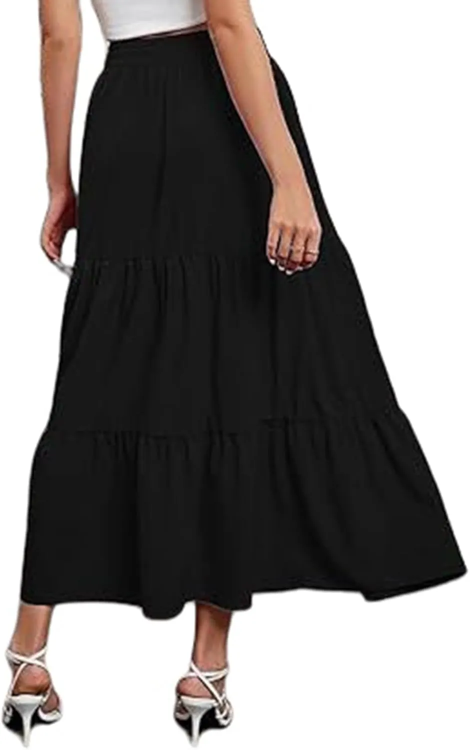 Boho Maxi Skirts for Women Summer Flowy Elastic High Waisted Tiered Ruffle Hem Skirt Casual A Line Long Beach Skirts