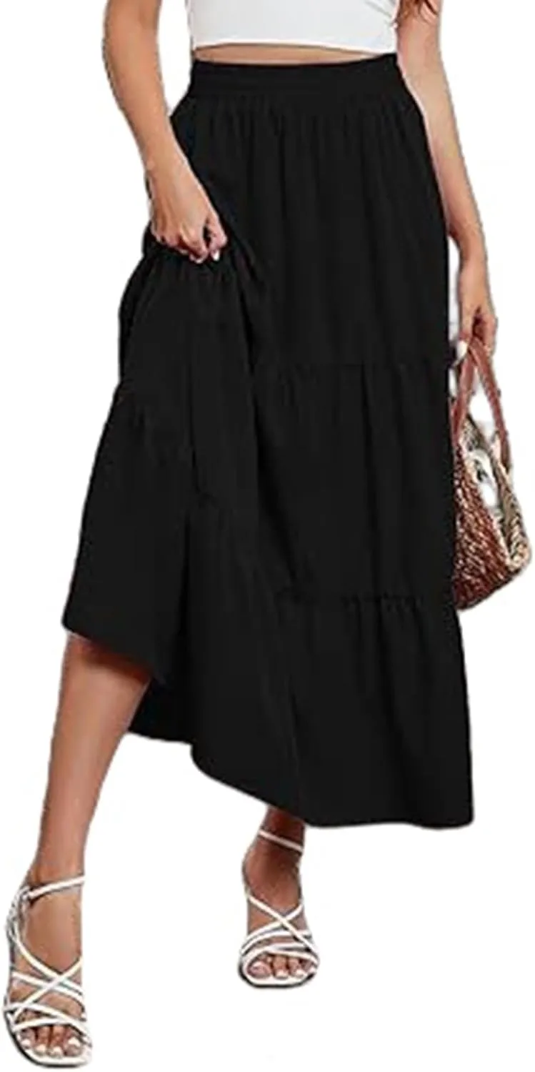 Boho Maxi Skirts for Women Summer Flowy Elastic High Waisted Tiered Ruffle Hem Skirt Casual A Line Long Beach Skirts