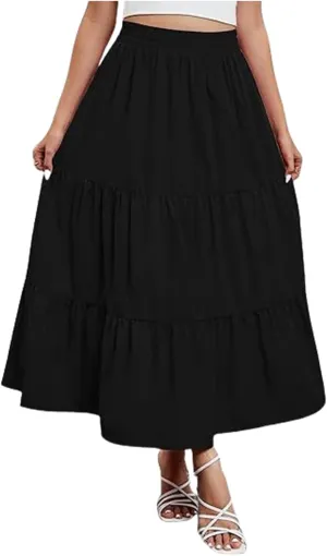 Boho Maxi Skirts for Women Summer Flowy Elastic High Waisted Tiered Ruffle Hem Skirt Casual A Line Long Beach Skirts