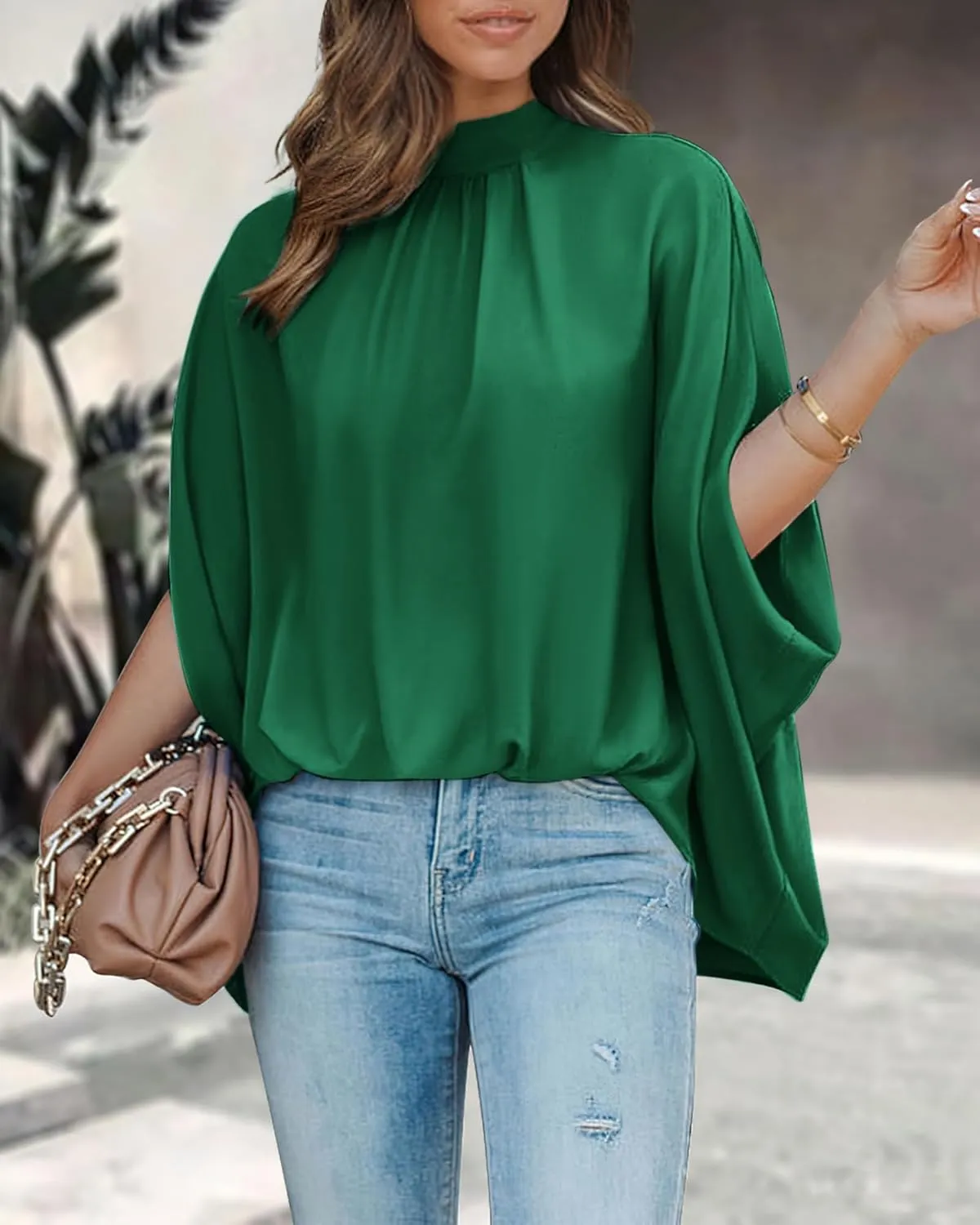 BTFBM Women Mock Neck Summer Tops 2025 Spring Batwing Short Sleeve Loose High Low Hem Casual Oversized Blouses Shirts