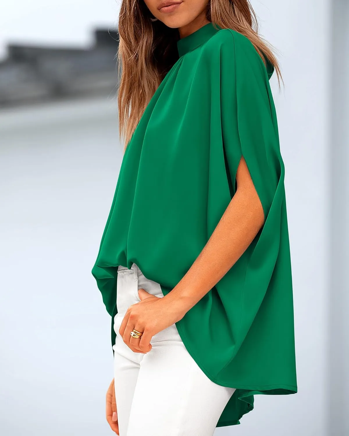 BTFBM Women Mock Neck Summer Tops 2025 Spring Batwing Short Sleeve Loose High Low Hem Casual Oversized Blouses Shirts