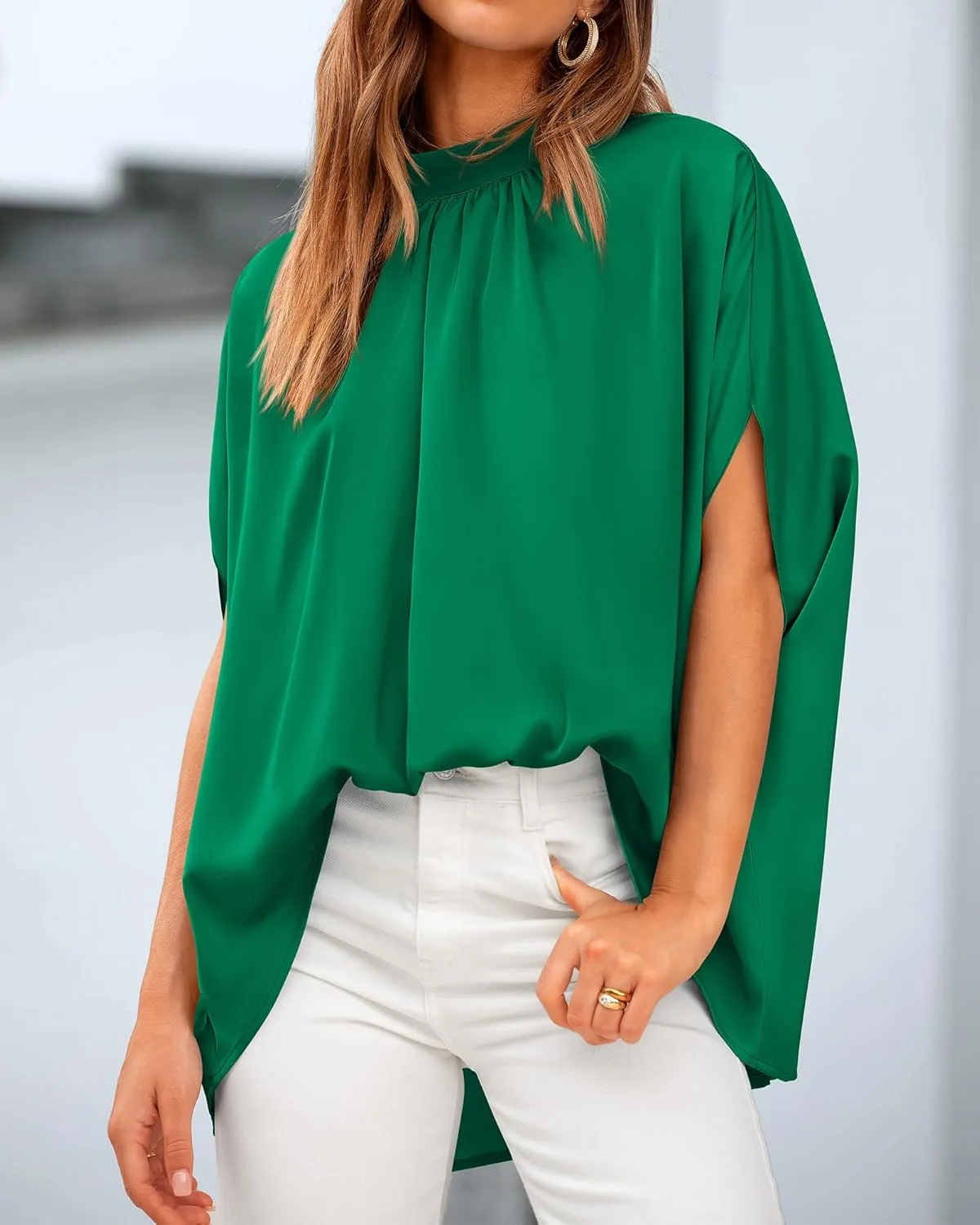 BTFBM Women Mock Neck Summer Tops 2025 Spring Batwing Short Sleeve Loose High Low Hem Casual Oversized Blouses Shirts