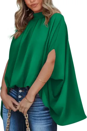 BTFBM Women Mock Neck Summer Tops 2025 Spring Batwing Short Sleeve Loose High Low Hem Casual Oversized Blouses Shirts