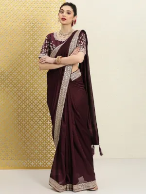Burgundy & Gold-Toned Sequinned Silk Blend Saree