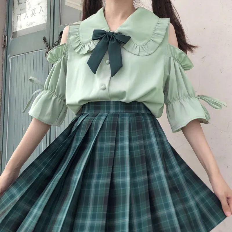 Chiffon Women Shirts Sweet Summer Half Sleeve Student Button Up Shirt Peter Pan Collar Fashion Preppy Style Japan Tops