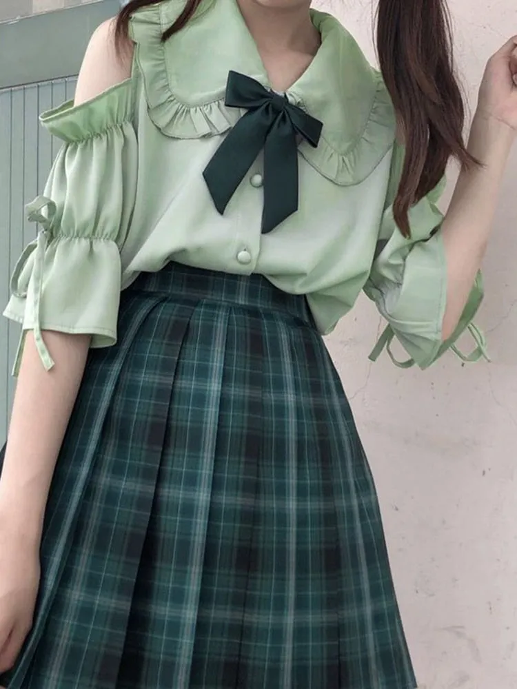 Chiffon Women Shirts Sweet Summer Half Sleeve Student Button Up Shirt Peter Pan Collar Fashion Preppy Style Japan Tops