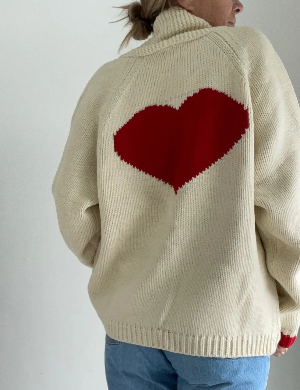 Chunky Heart ❤️ Letterman Cardigan in Ivory/Red