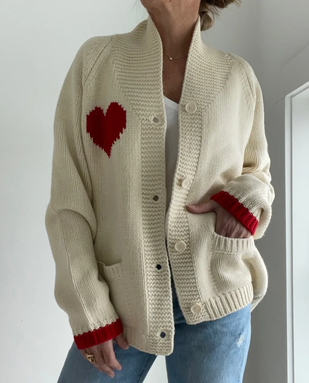 Chunky Heart ❤️ Letterman Cardigan in Ivory/Red