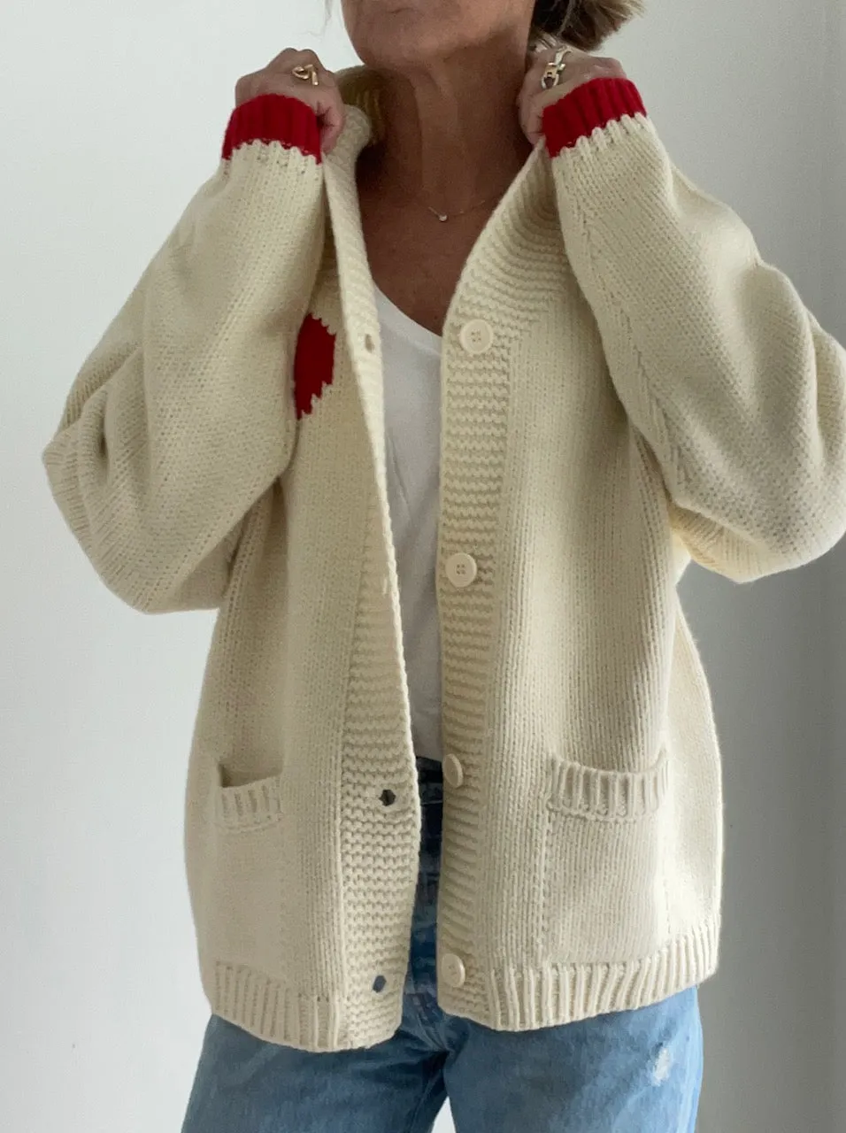 Chunky Heart ❤️ Letterman Cardigan in Ivory/Red