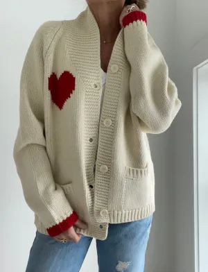 Chunky Heart ❤️ Letterman Cardigan in Ivory/Red