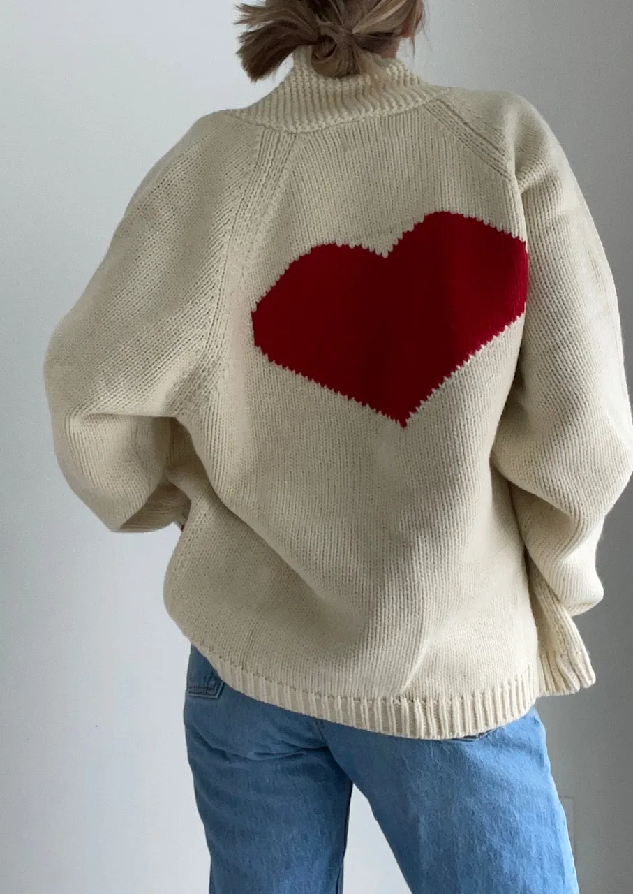 Chunky Heart ❤️ Letterman Cardigan in Ivory/Red