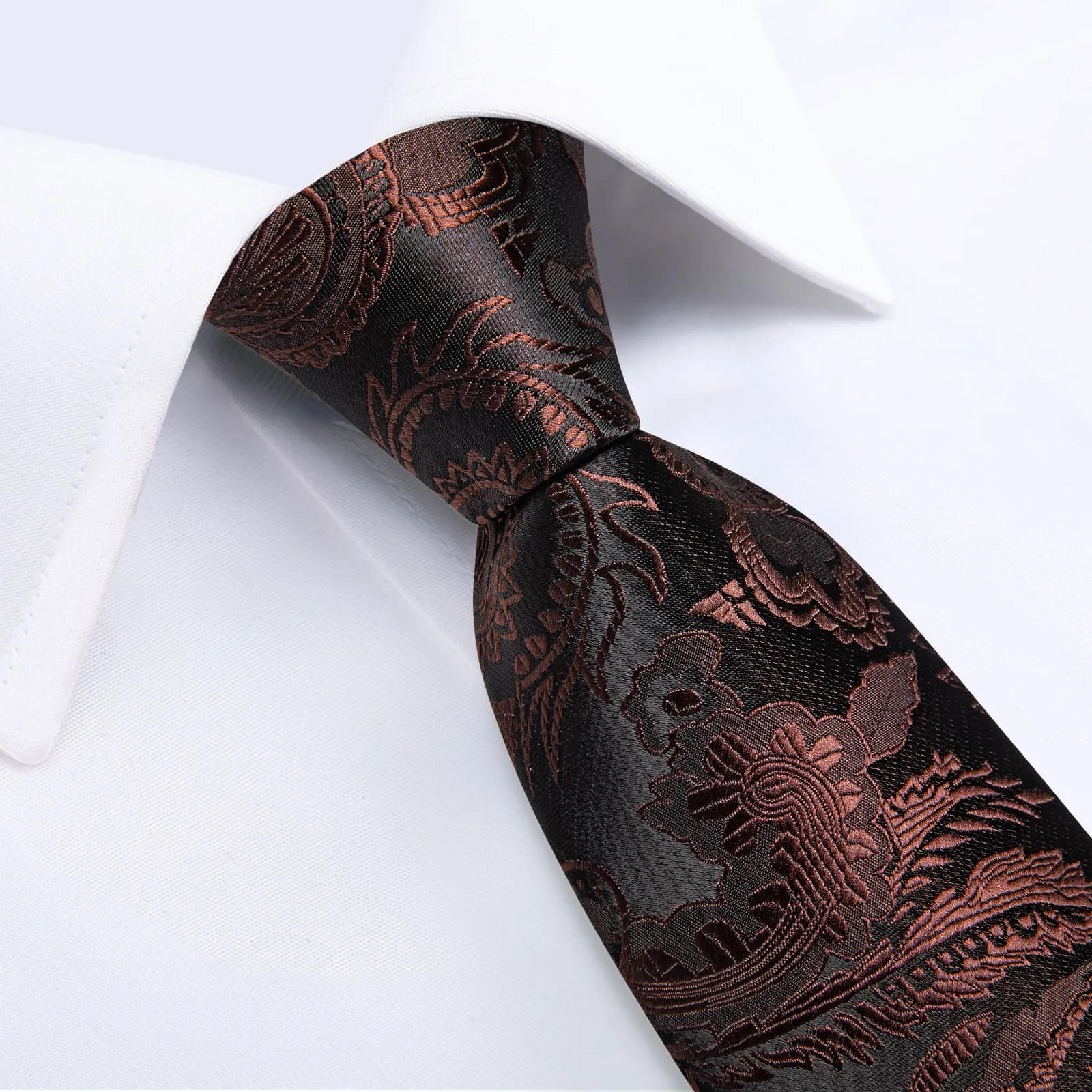 DiBanGu Dress Tie Chocolate Brown Paisley Men's Silk Tie Hanky Cufflinks Set