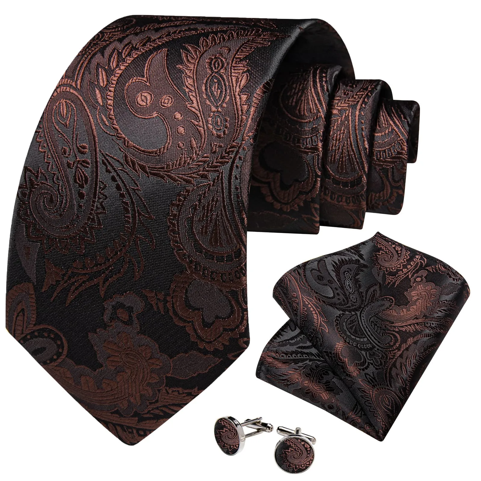 DiBanGu Dress Tie Chocolate Brown Paisley Men's Silk Tie Hanky Cufflinks Set