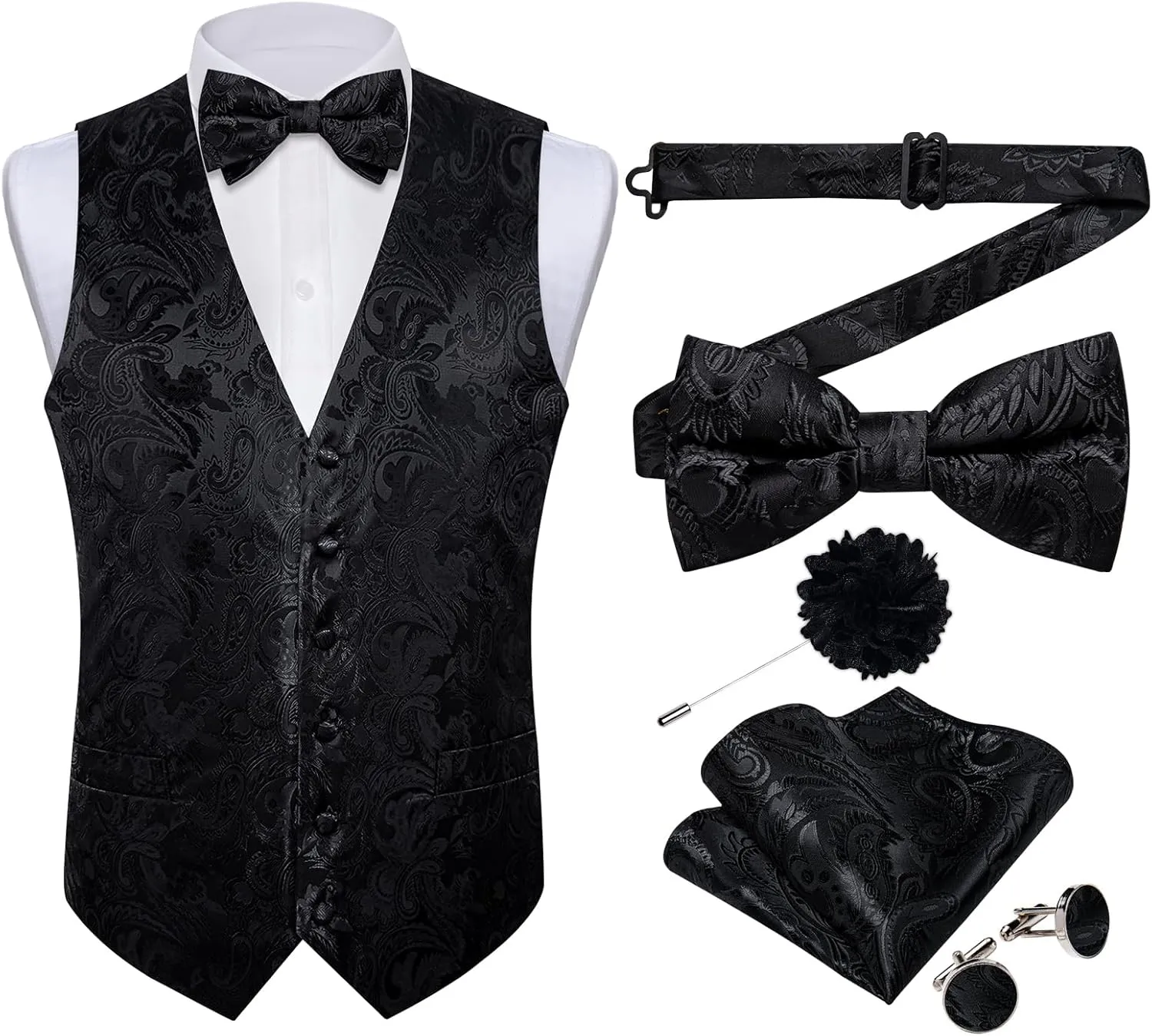 DiBanGu Silk Paisley Vest for Men Formal Suit Waistcoat and Bowtie Lapel Pin Set 7PCS Dress Vest for Suit or Tuxedo