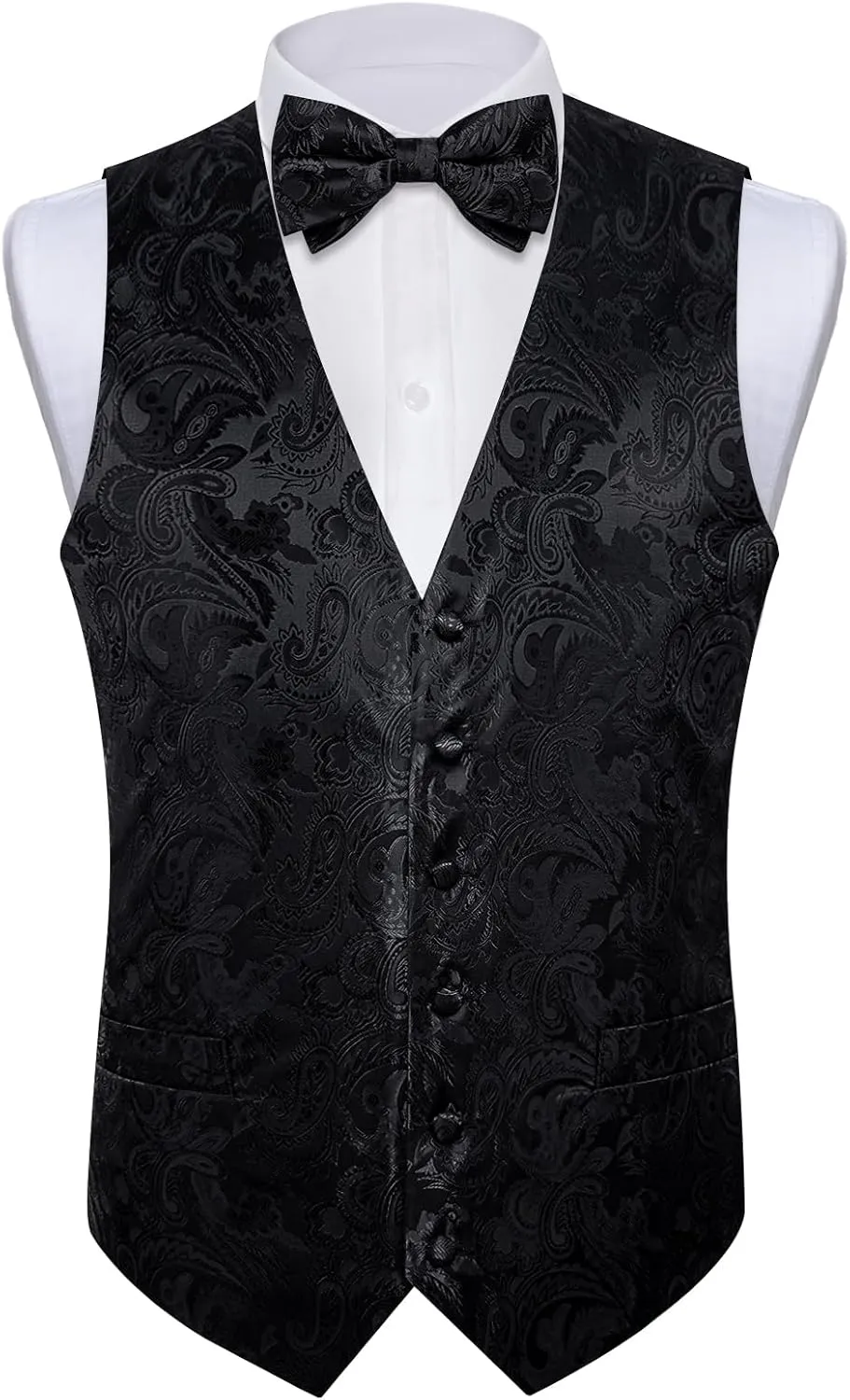 DiBanGu Silk Paisley Vest for Men Formal Suit Waistcoat and Bowtie Lapel Pin Set 7PCS Dress Vest for Suit or Tuxedo